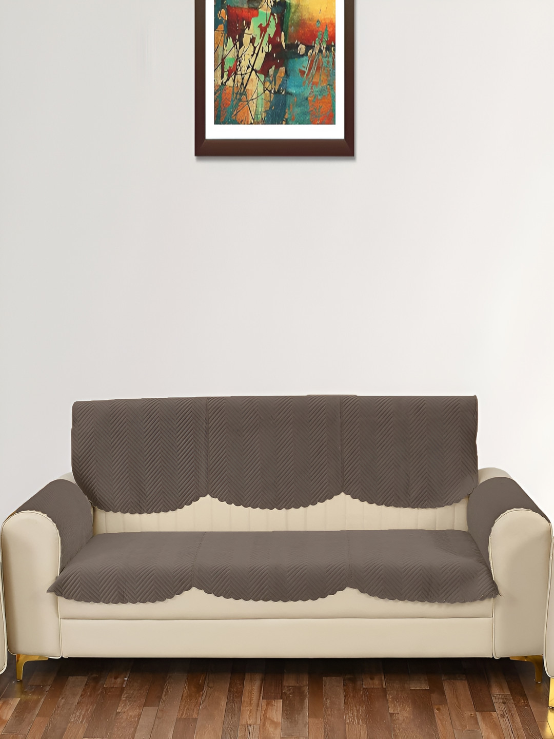 Sparrow world Brown 4 Pieces Quilted Velvet Seater Sofa Covers With Arms