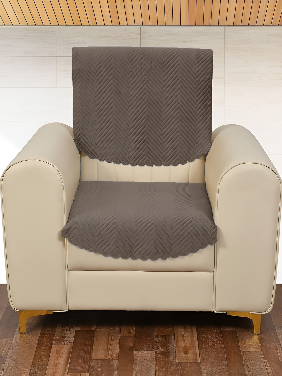 Sparrow world Mousse Brown 2 Pieces Velvet Quilted 1 Seater Sofa Covers without Arms