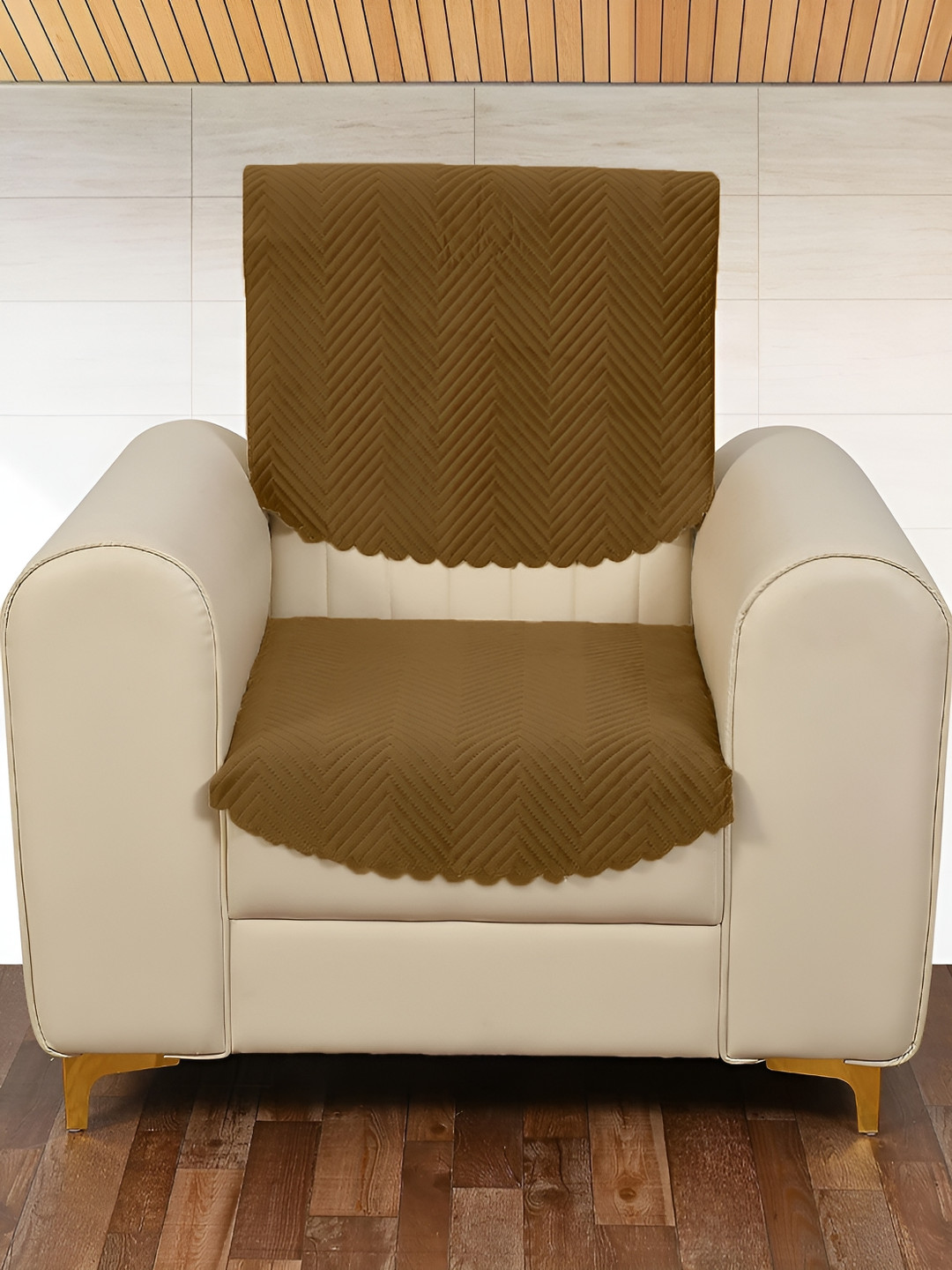 Sparrow world Gold-Toned 2 Pieces Velvet Quilted 1 Seater Sofa Covers Without Arms