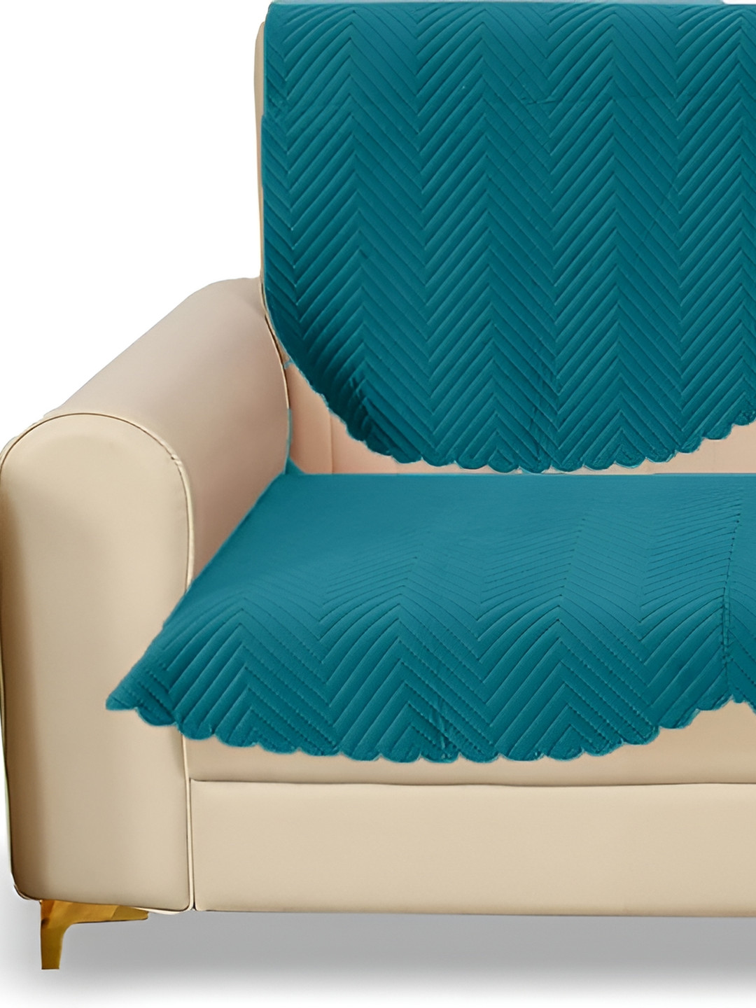 Sparrow world Teal Blue 2 Pieces Quilted Velvet 2 Seater Sofa Covers