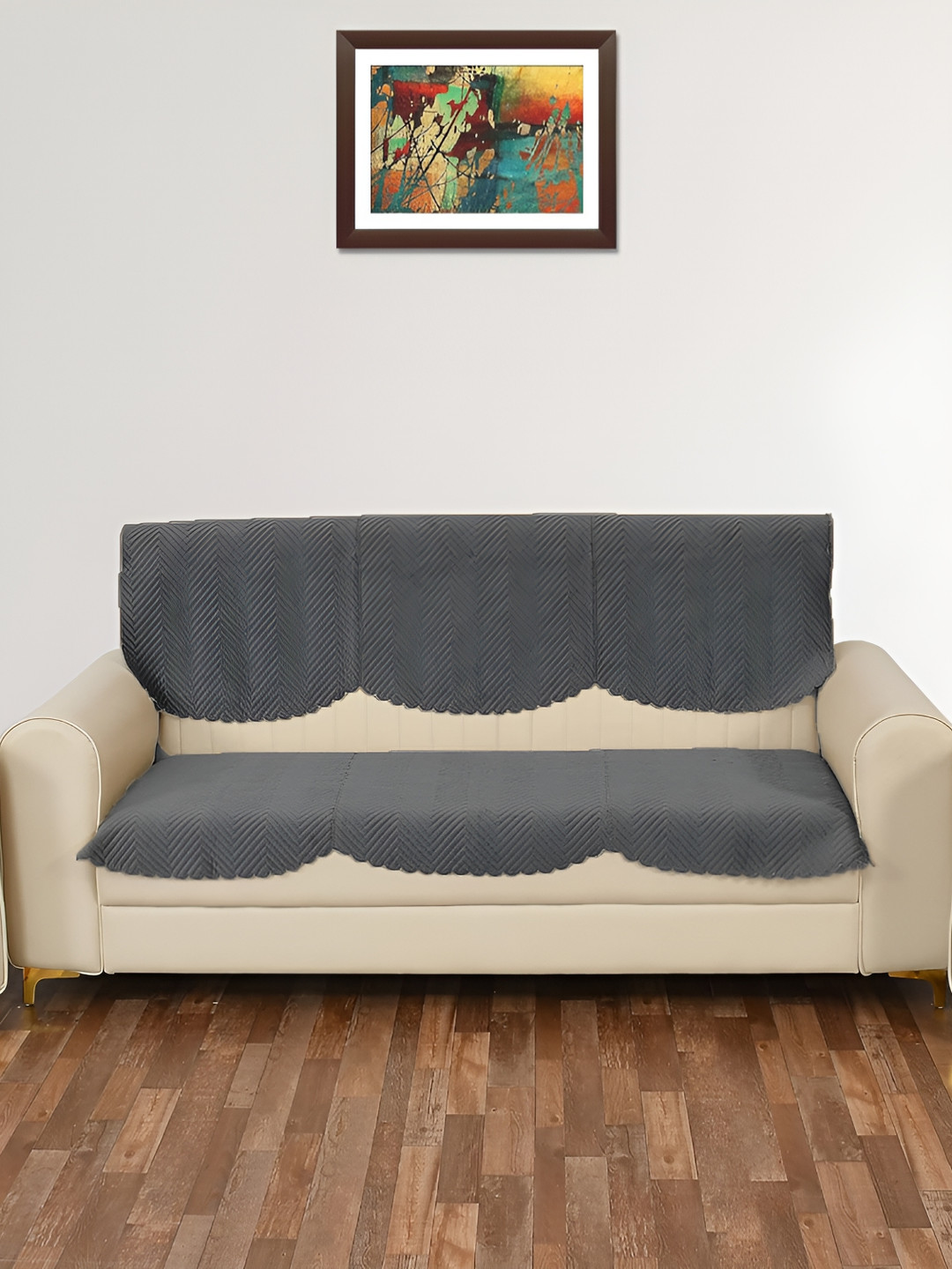 Sparrow world Grey Quilted Self Design Velvet 3 Seater Sofa Cover
