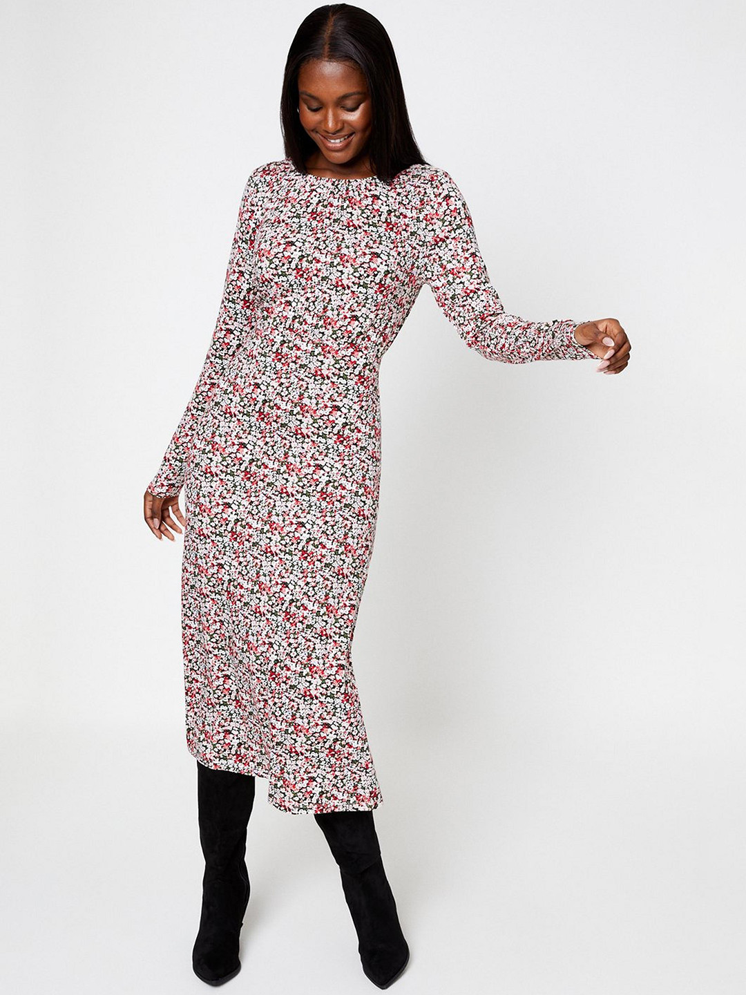 DOROTHY PERKINS Ditsy Print Gathered Neck Sheath Midi Dress