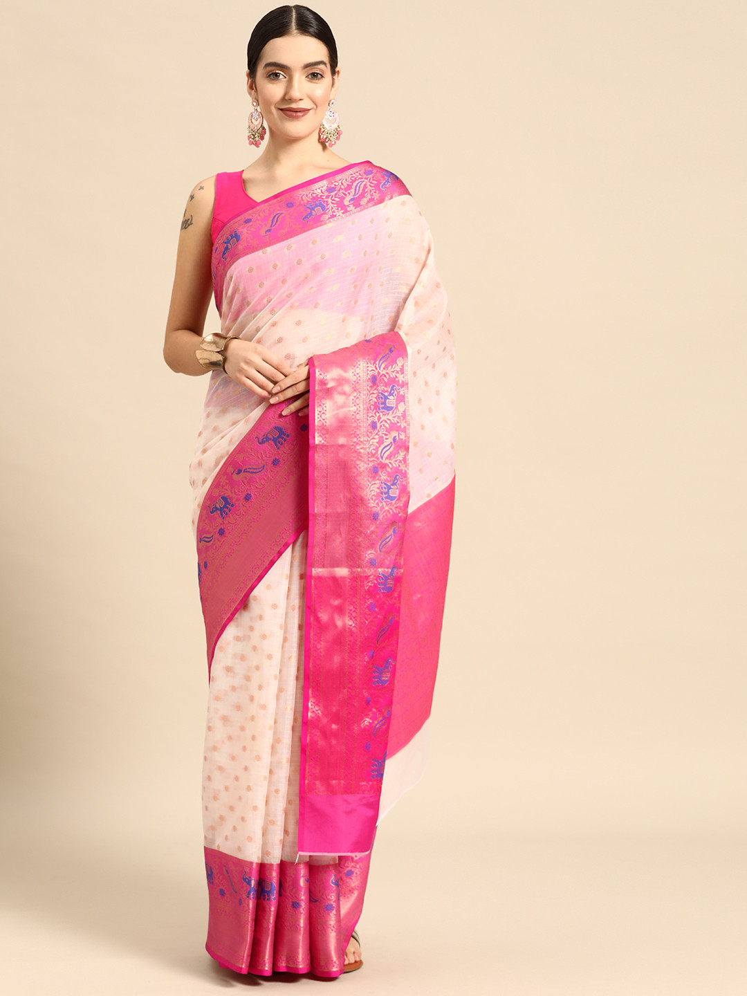 Silk Land Polka Dot Zari Art Silk Kasavu Saree