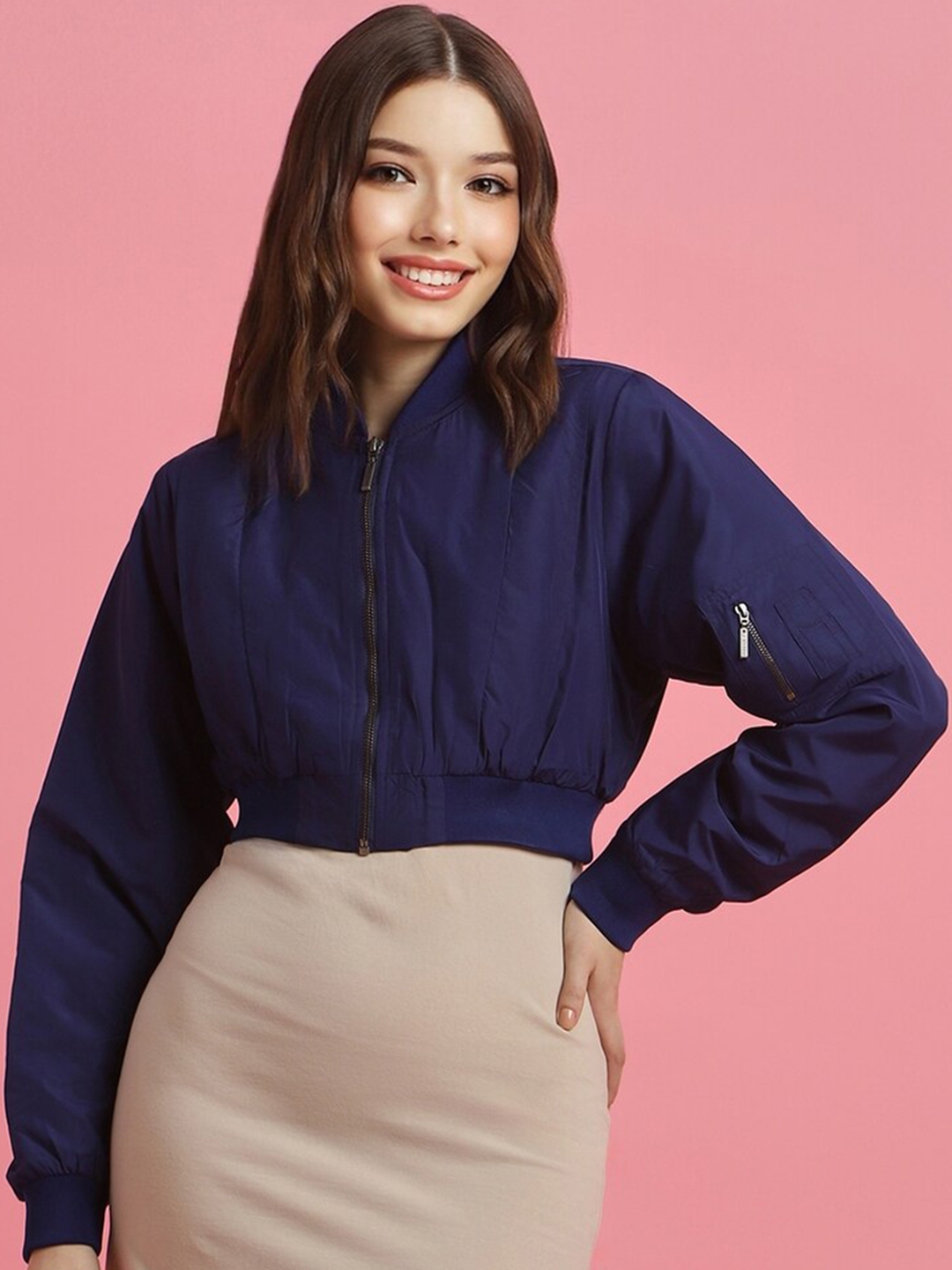 FOREVER 21 Stand Collar Crop Bomber Jacket - Jackets for Women 25965582 | Myntra