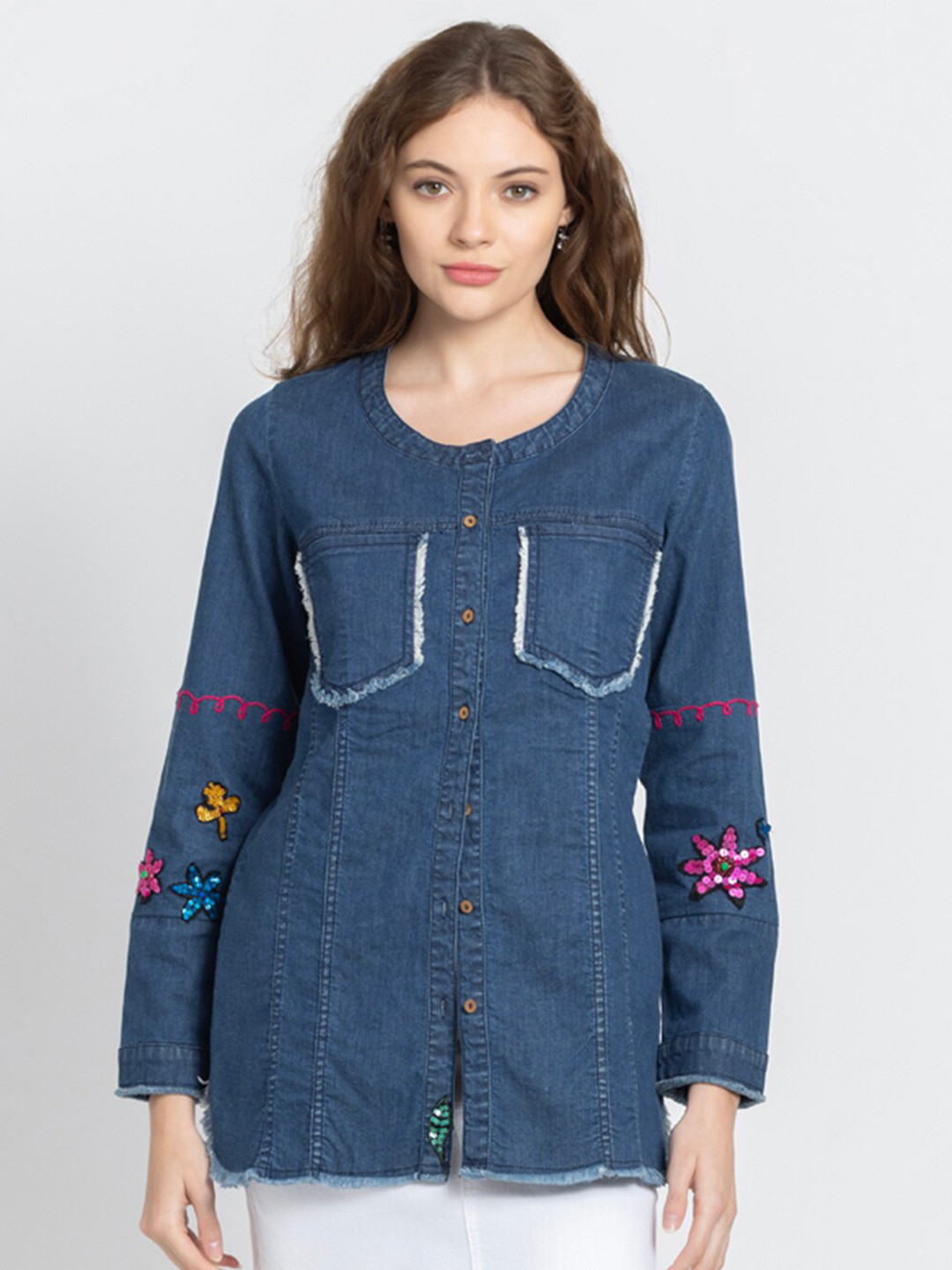 SHAYE Premium Stretchable Cotton Washed Denim Sequin Patch Metal Button Boyfriend Top