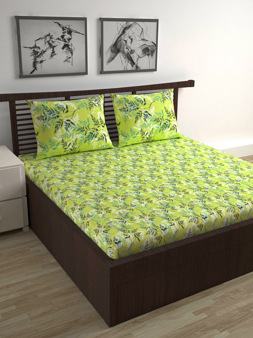 Divine Casa Emerald Green Floral Pure Cotton 144 TC Queen Bedsheet with 2 Pillow Covers-100 x 87 inches
