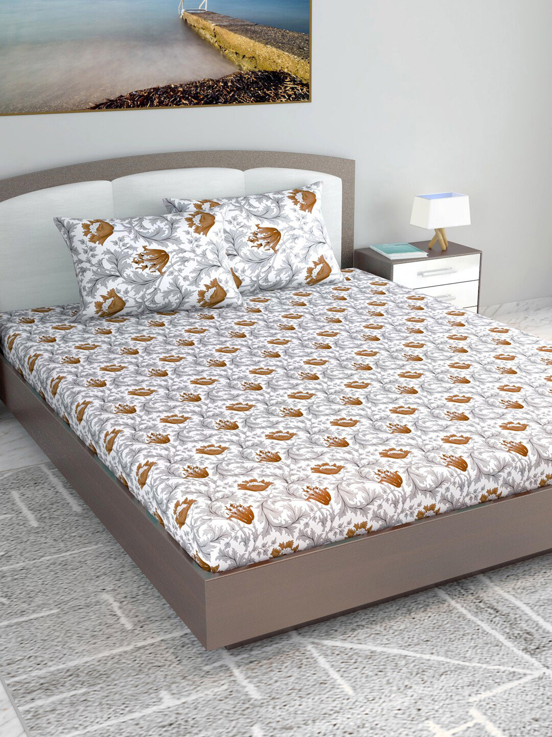 Divine Casa Emerald Grey Floral Pure Cotton 144 TC King Bedsheet with 2 Pillow Covers-106 x 106 inches