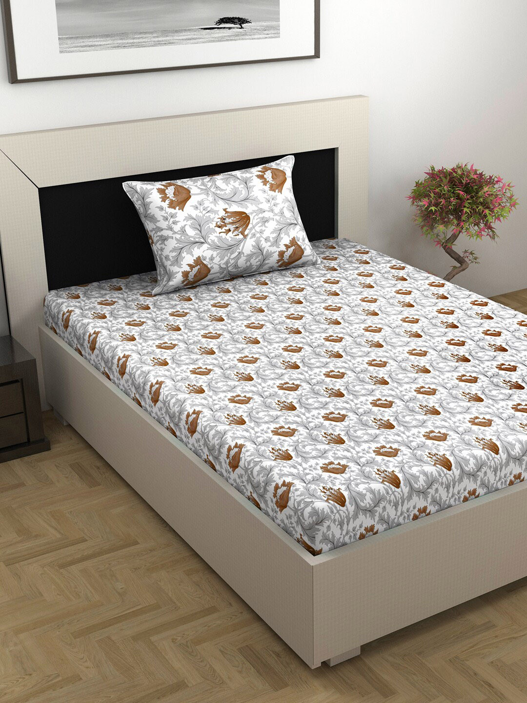 Divine Casa Emerald Grey Floral Cotton 144 TC Single Bedsheet with a Pillow Cover-88 x 57 inches