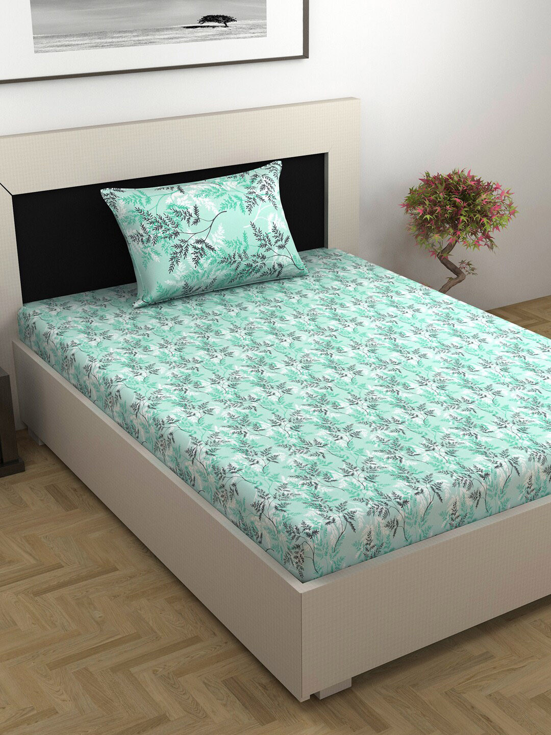 Divine Casa Emerald Sea Green Floral Cotton 144 TC Single Bedsheet with 1 Pillow Cover