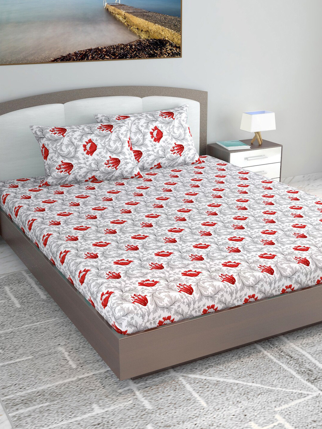 Divine Casa Emerald Red Floral Cotton 144 TC King Bedsheet with 2 Pillow Covers-106 x 106 inches