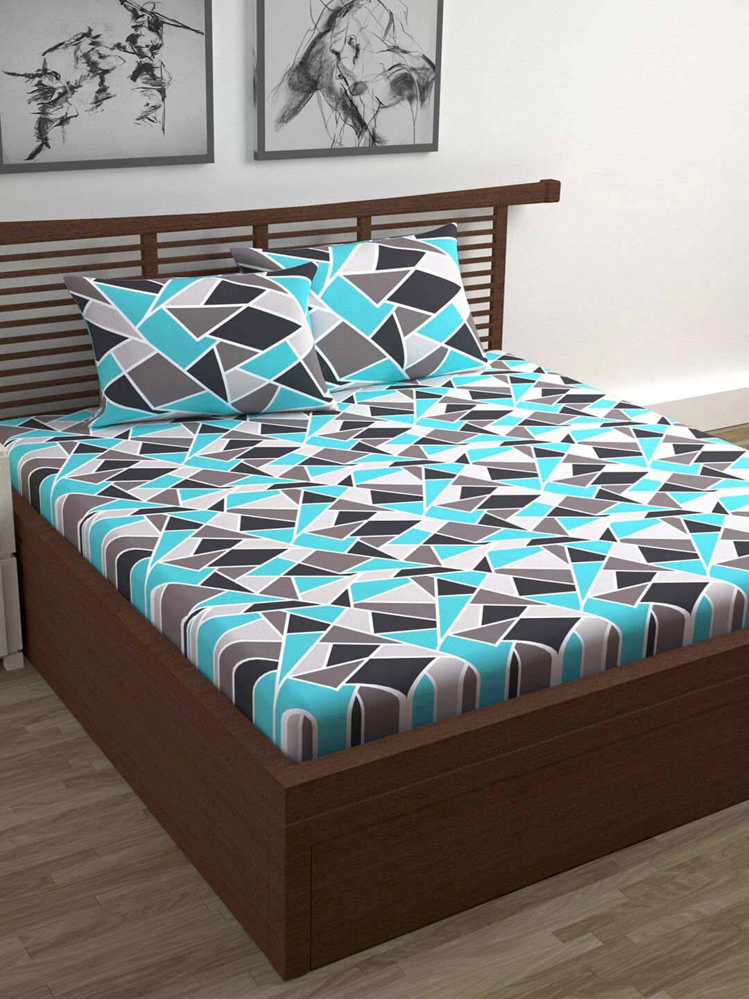 Divine Casa Emerald Turquoise Blue Geometric Cotton 144 TC Queen Bedsheet with 2 Pillow Covers-100 x 87 inches