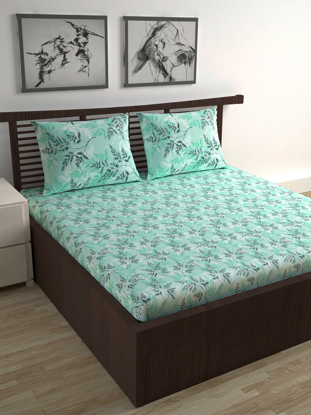 Divine Casa Emerald Sea Green Floral Cotton 144 TC Queen Bedsheet with 2 Pillow Covers-100 x 87 inches