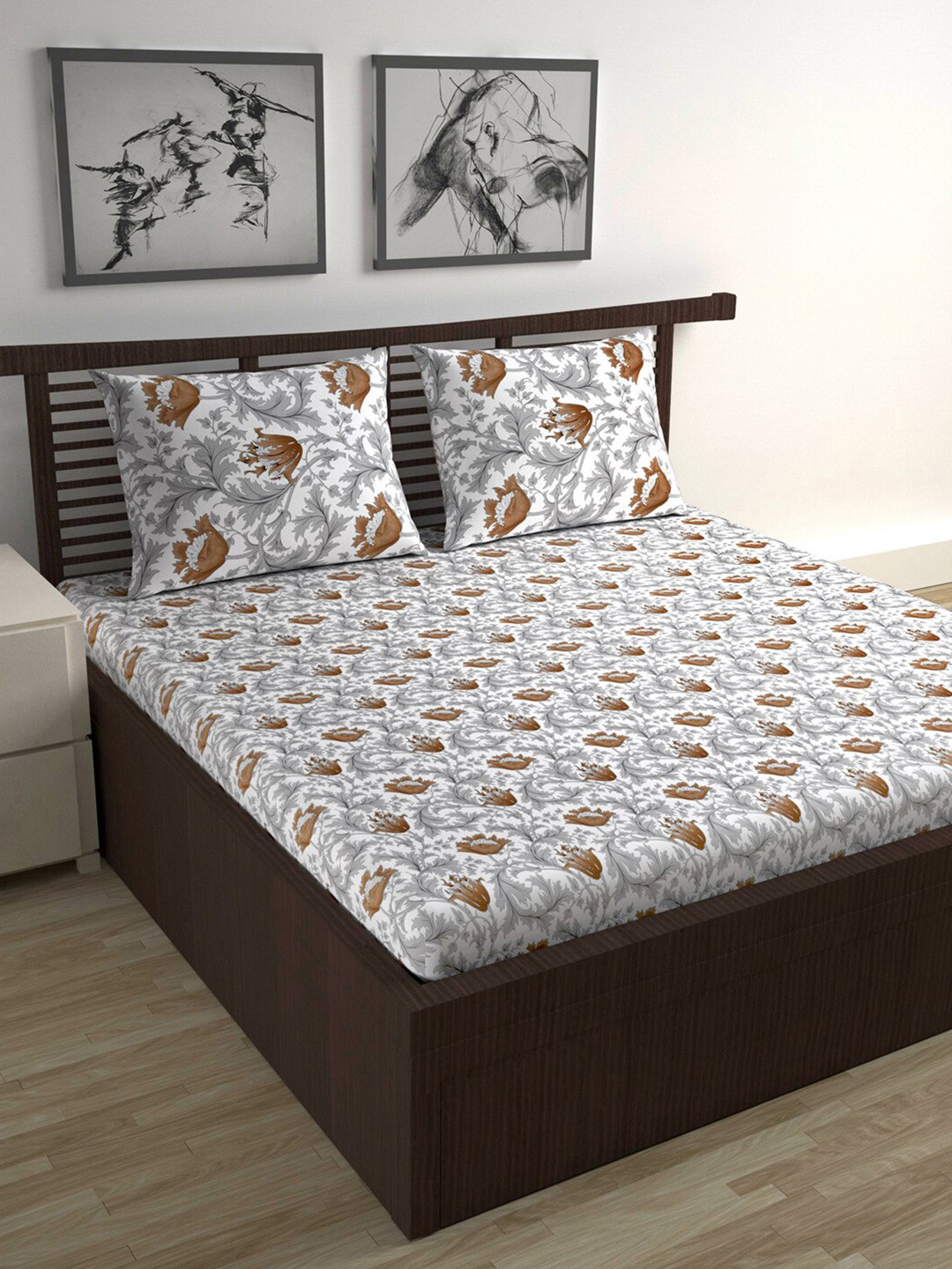 Divine Casa Emerald Grey Floral Cotton Skin-Friendly 144 TC Queen Bedsheet with 2 Pillow Covers-254 x 222 cm