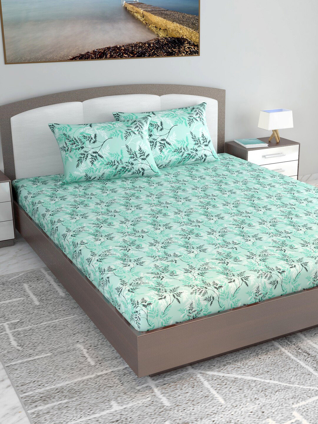 Divine Casa Emerald Sea Green Floral Cotton 144 TC King Bedsheet with 2 Pillow Covers-270 x 270 cm