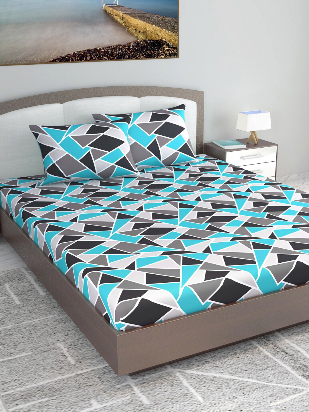 Divine Casa Emerald Turquoise Blue Geometric Pure Cotton 144 TC King Bedsheet with 2 Pillow Covers-106 x 106 inches