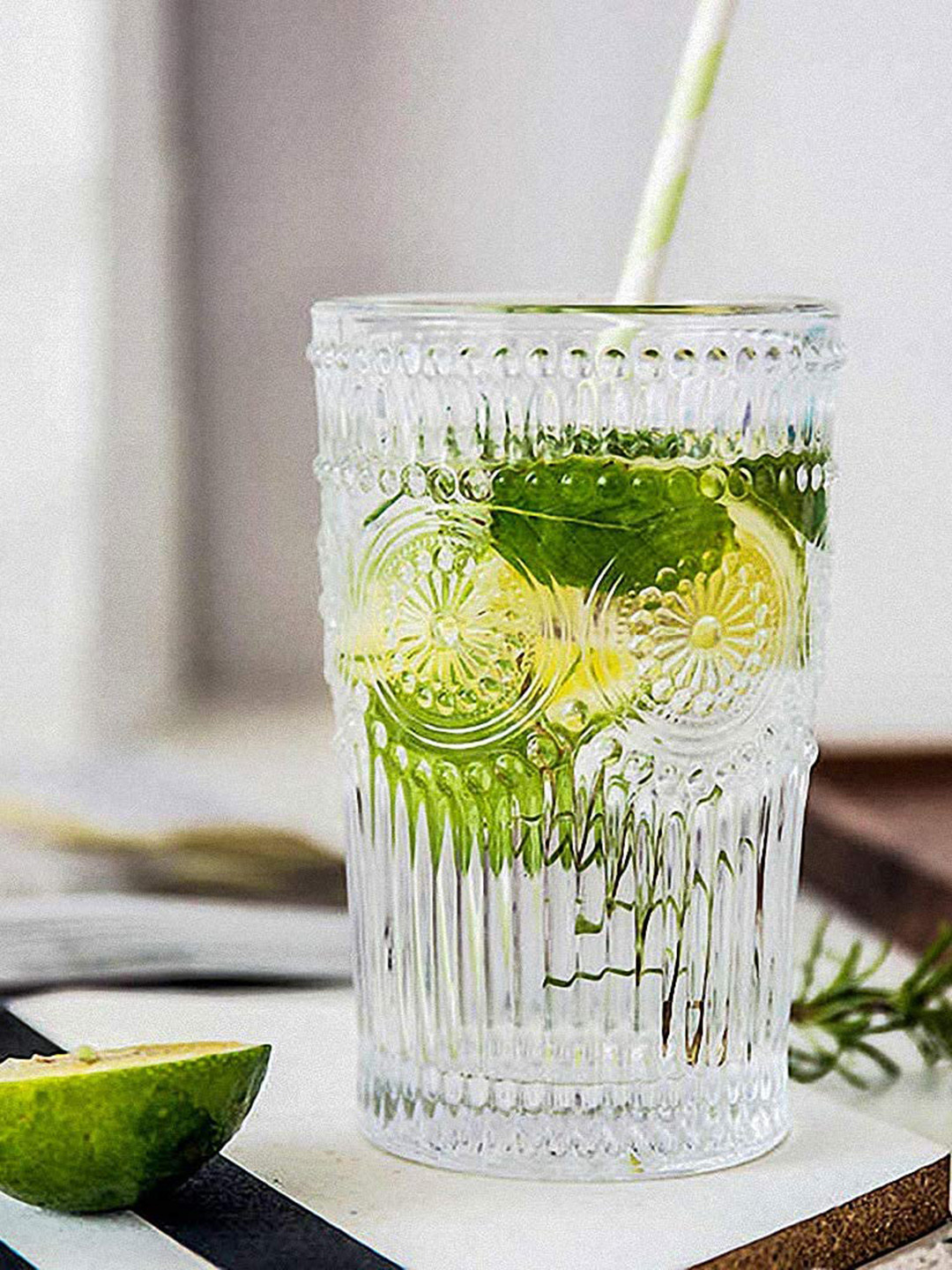 THE ARTMENT Transparent 4 Pieces Embossed Water Glasses 370 ml