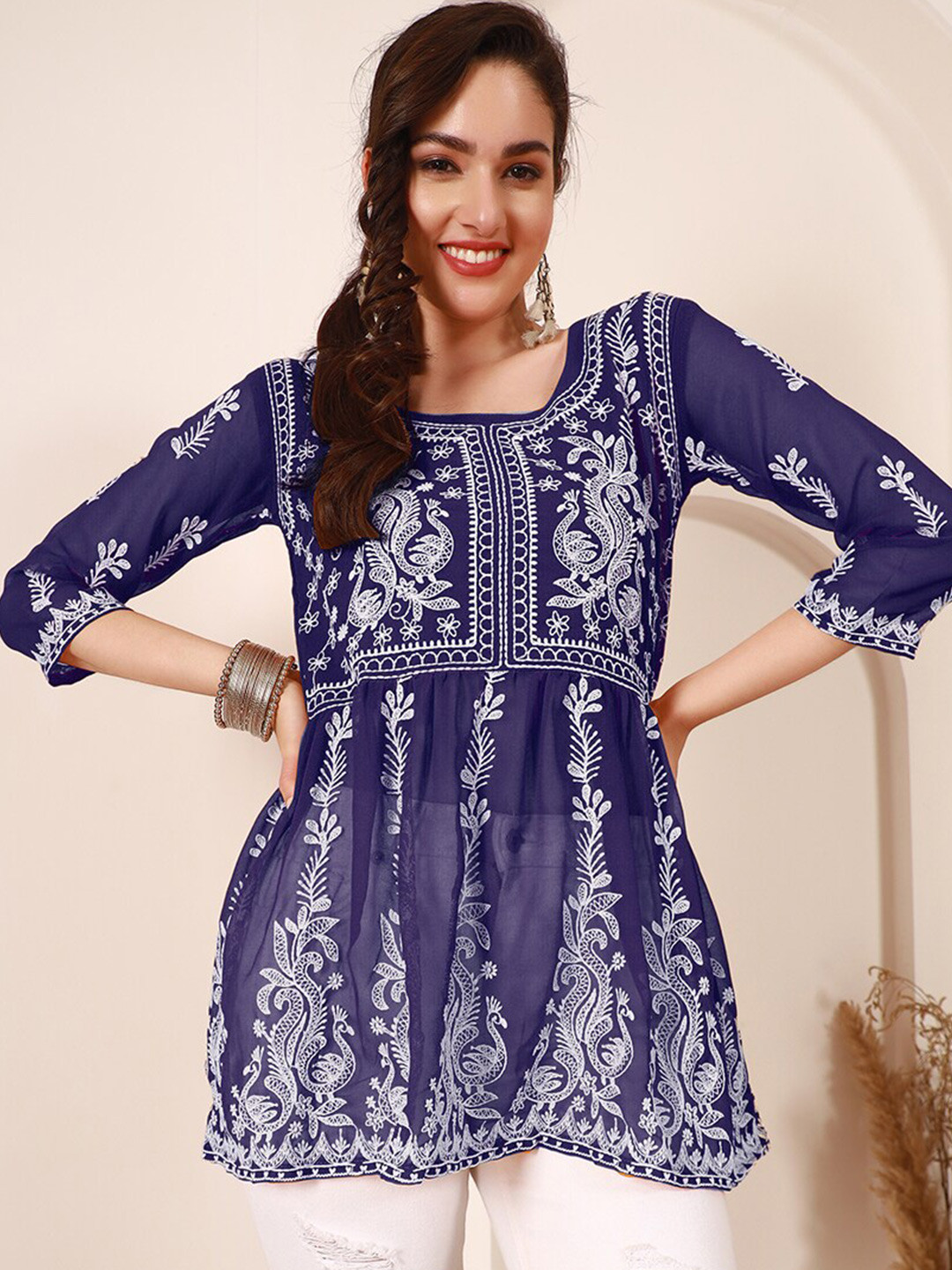 HERE&NOW Navy Blue & White Chikankari Embroidered A-Line Short Kurti