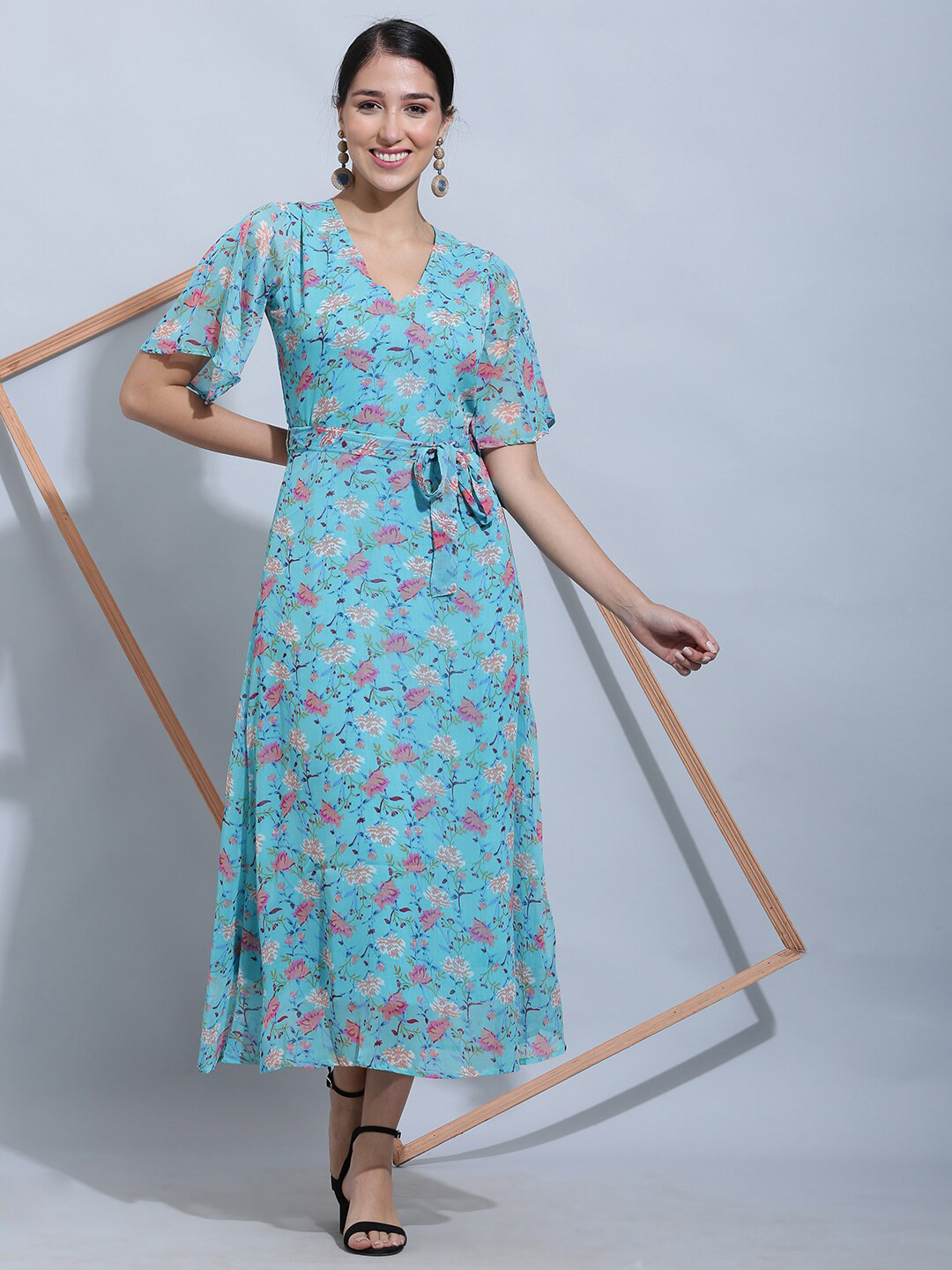 SQew Floral Printed A-Line Midi Dress