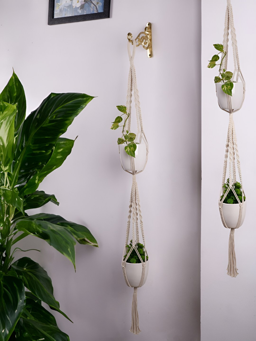 ECOFYND 2Pieces White Plant Hanger with Solid Ceramic Planter Pot