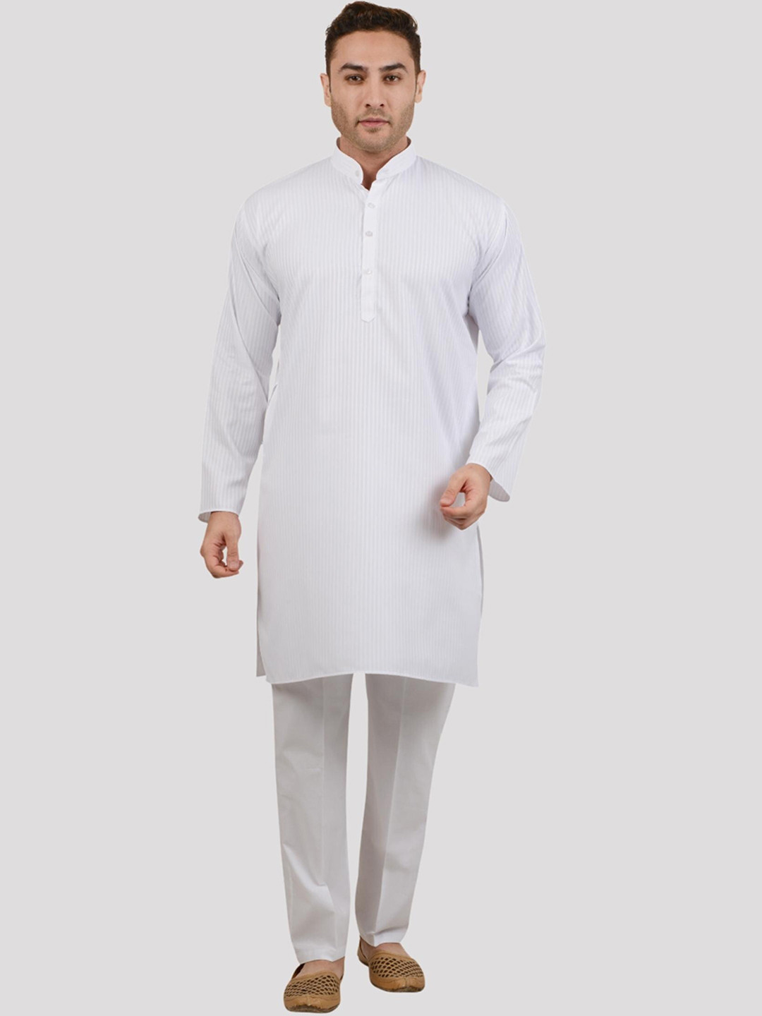 Maharaja Striped Band Collar Long Sleeve Pure Cotton Kurta With Pyjama