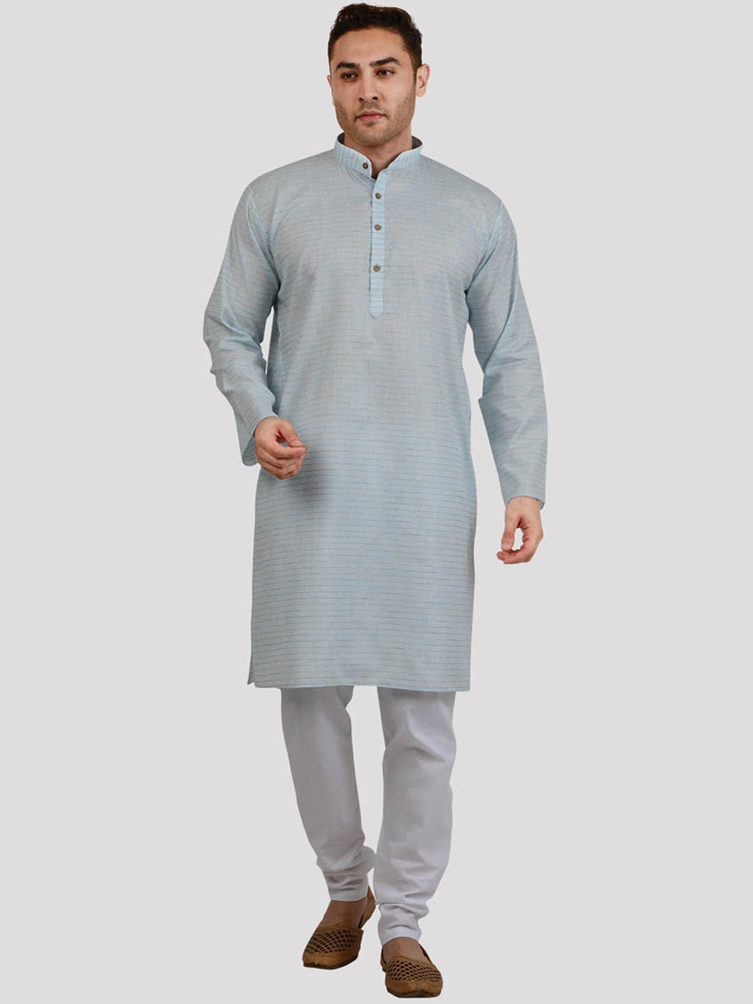 Maharaja Horizontal Striped Mandarin Collar Regular Kurta With Pyjamas