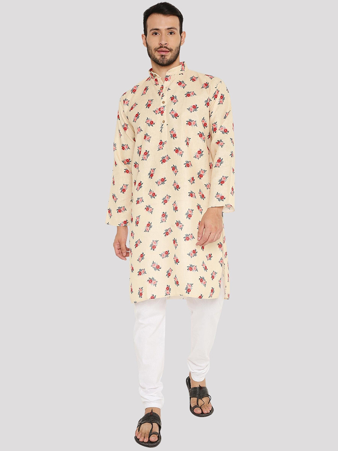 Maharaja Floral Printed Band Collar Pastels Straight Kurta with Pyjamas