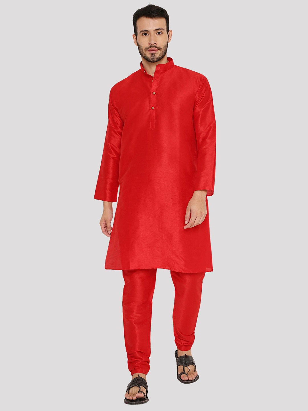 Maharaja Mandarin Collar Long Sleeves Dupion Silk Kurta with Pyjamas