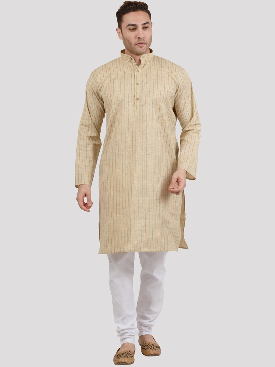 Maharaja Striped Mandarin Collar Linen Cotton Straight Kurta with Pyjamas