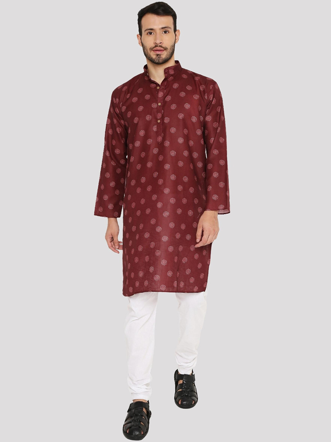 Maharaja Floral Printed Mandarin Collar Linen Cotton Straight Kurta with Pyjamas