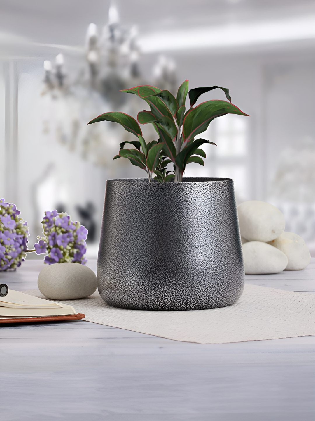 Homspurts Long Dish Silver Toned & Black Textured Metal Planter