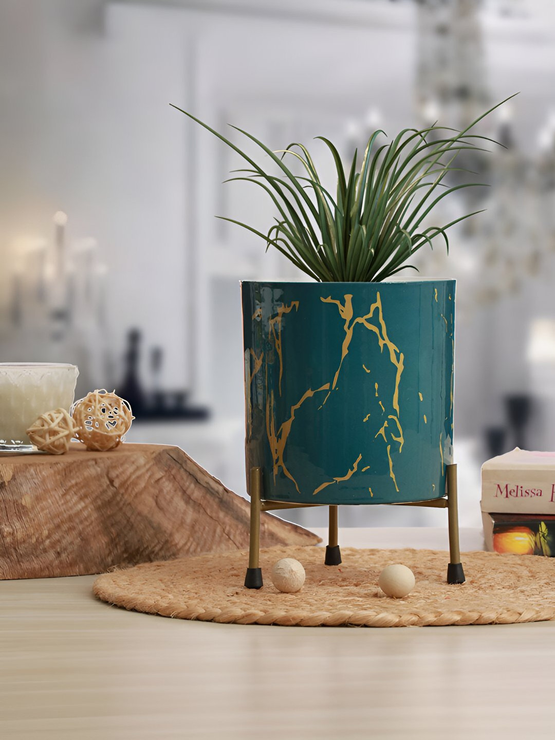 Homspurts Cylindrical Planter Green & Gold Toned Printed Metal Planter With Stand