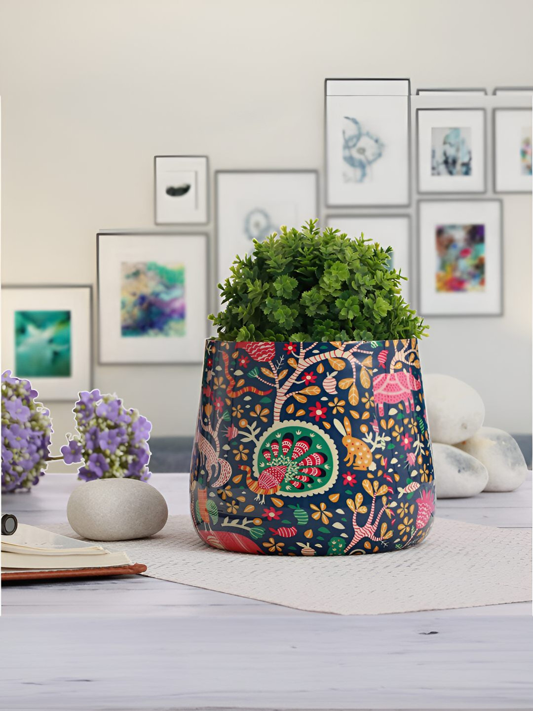 Homspurts Long Dish Planter Green & Pink Meena Printed Metal Planter
