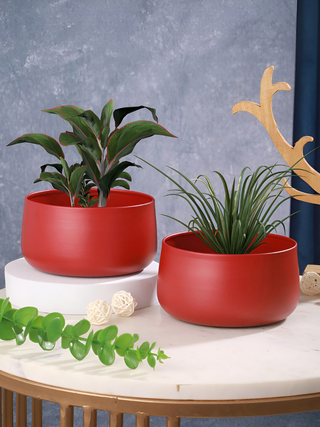 Homspurts Red 2 Pieces Matte Finish Metal Planter