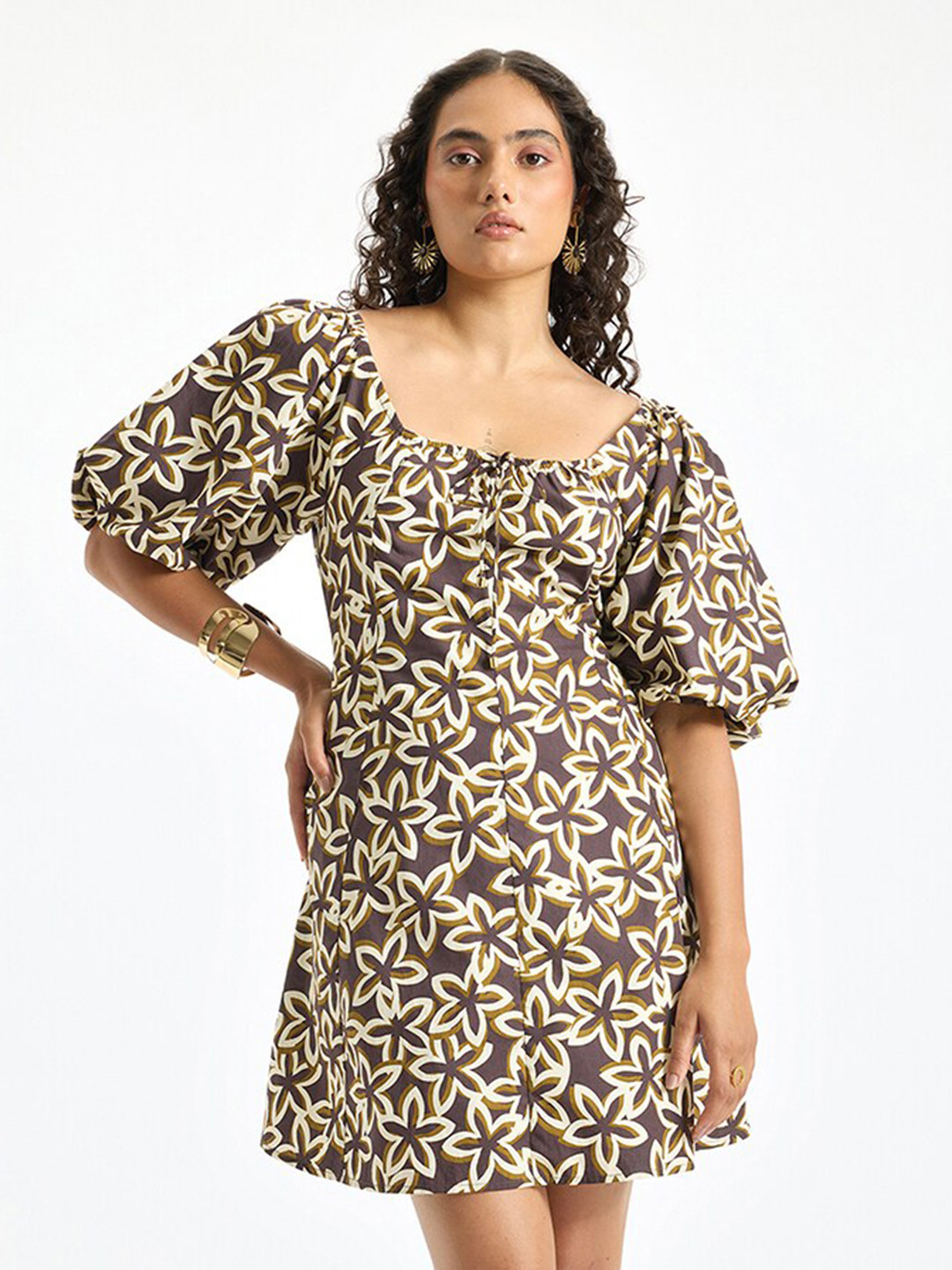 Virgio Pure Cotton Brown Floral Square Neck Dress