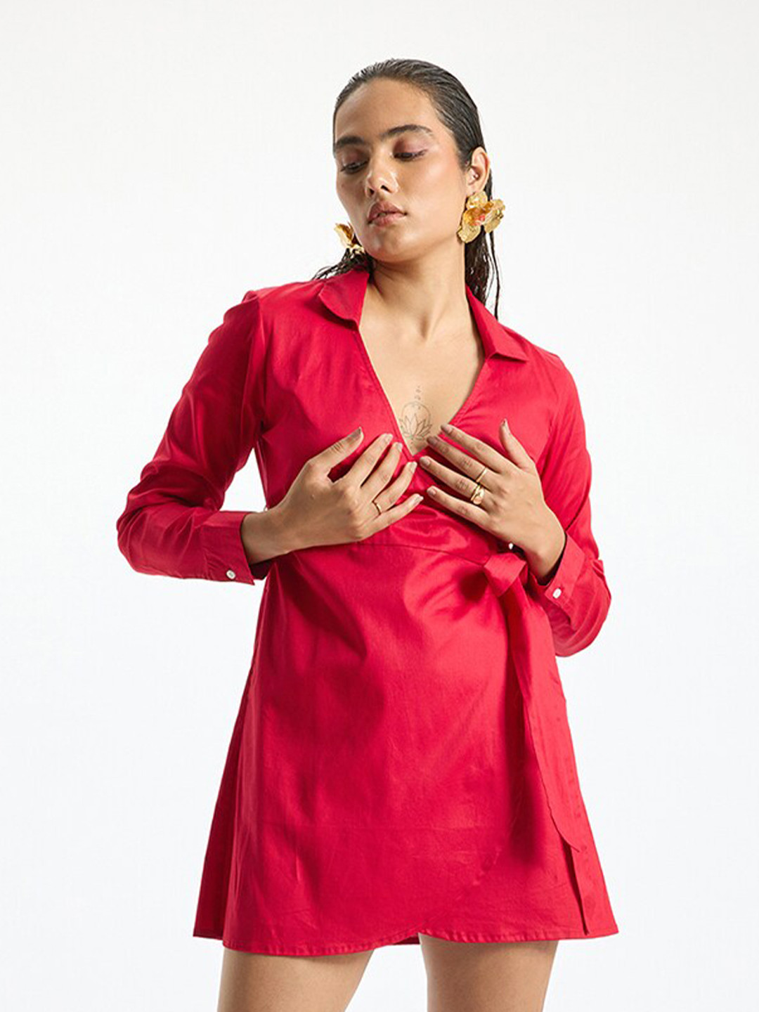 Virgio Cotton Stretch Red Tie-Up Wrap Mini Dress