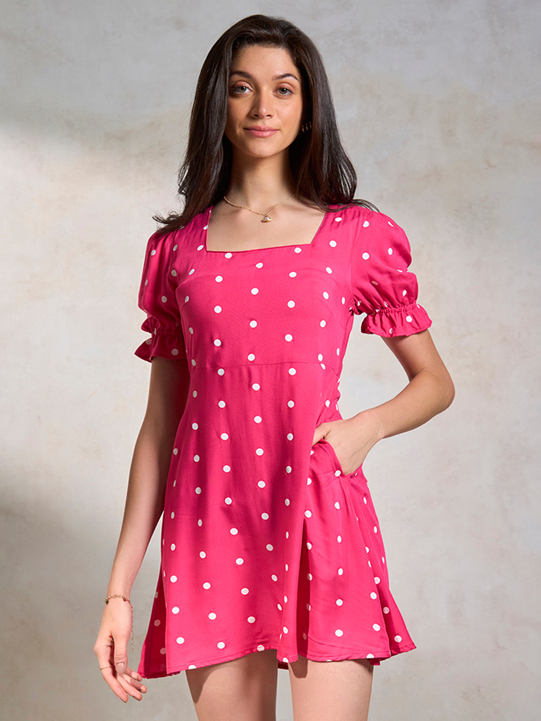 Virgio Pure Viscose Polka Puff Sleeve Dress