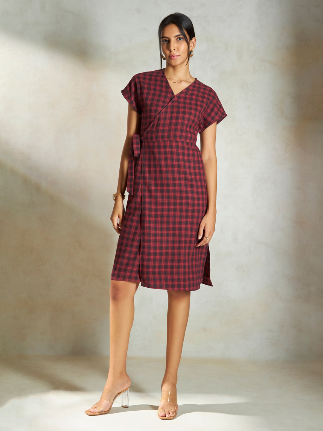 Virgio Pure Cotton Red Checked Wrap Midi Dress