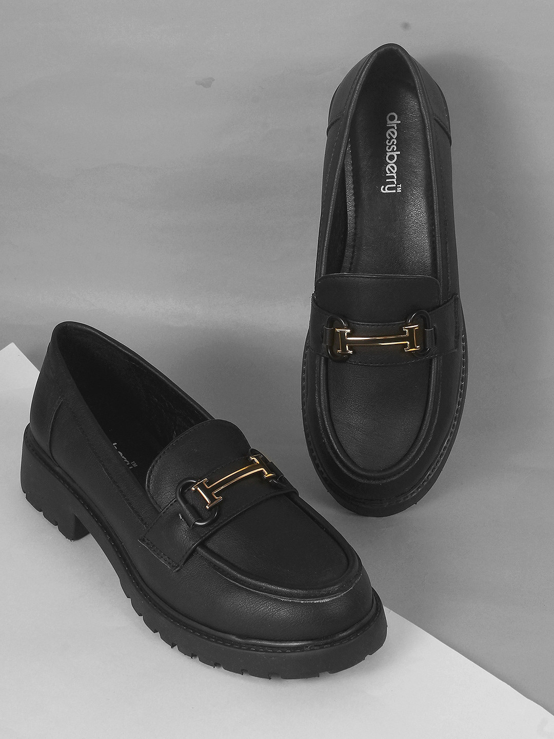 DressBerry Women Black Heeled Horsebit Loafers