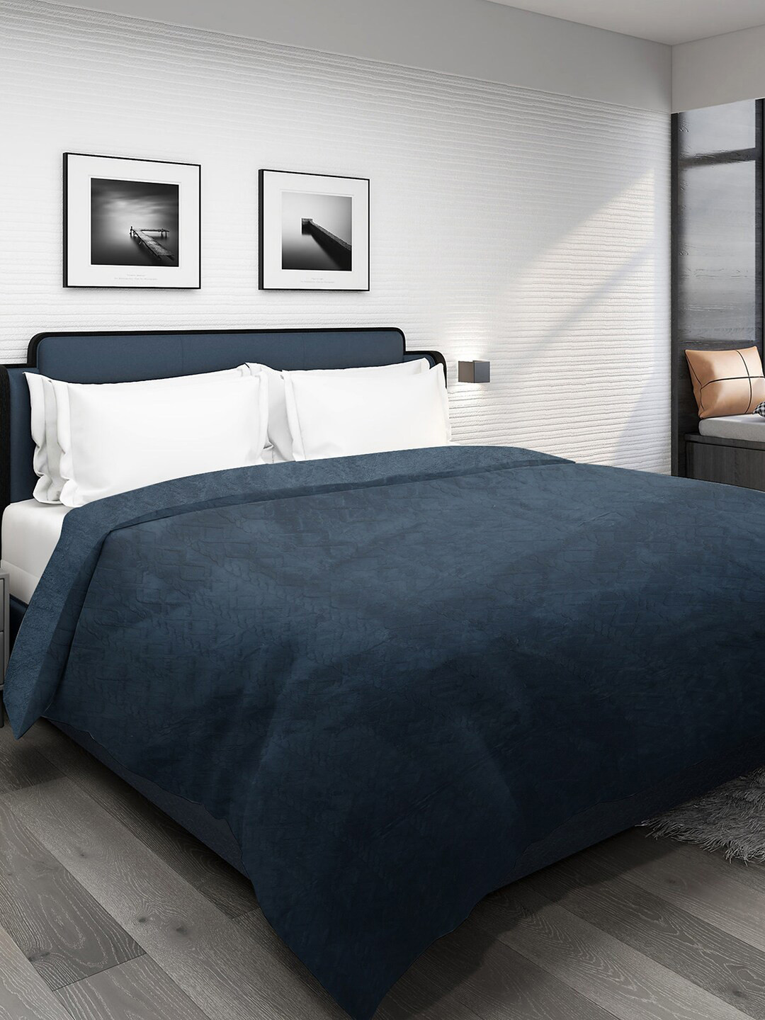 DHROHAR Navy Blue Fur Geometric Mild Winter 300 GSM Double Bed Blanket