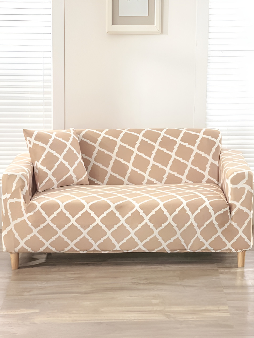 TONY STARK Beige & White Checked Stretchy 1 Seater Sofa Cover With Arms