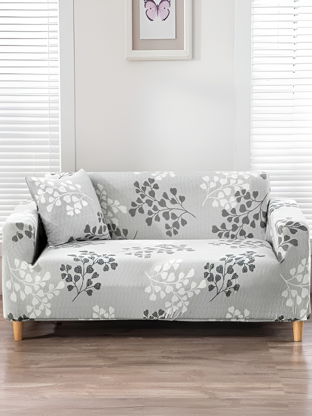 TONY STARK Grey & White Leaves Printed Stretchy Sofa Cover With Arms