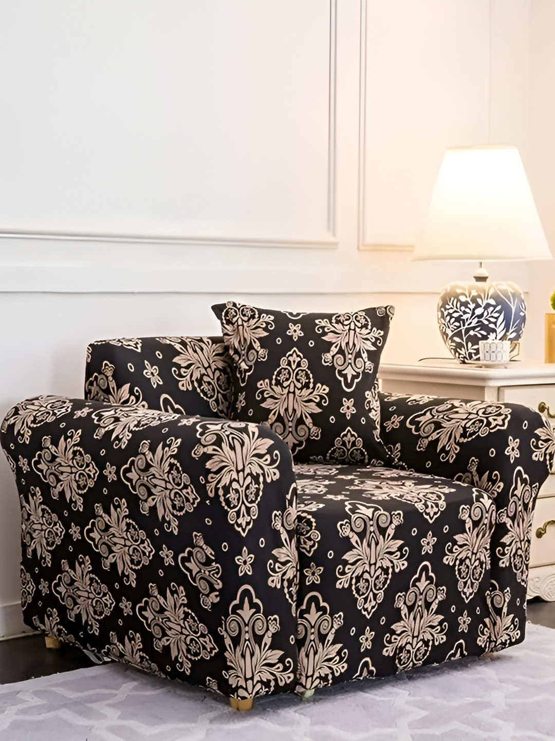 TONY STARK Black & Beige Printed 1 Piece Sofa Cover With Arms