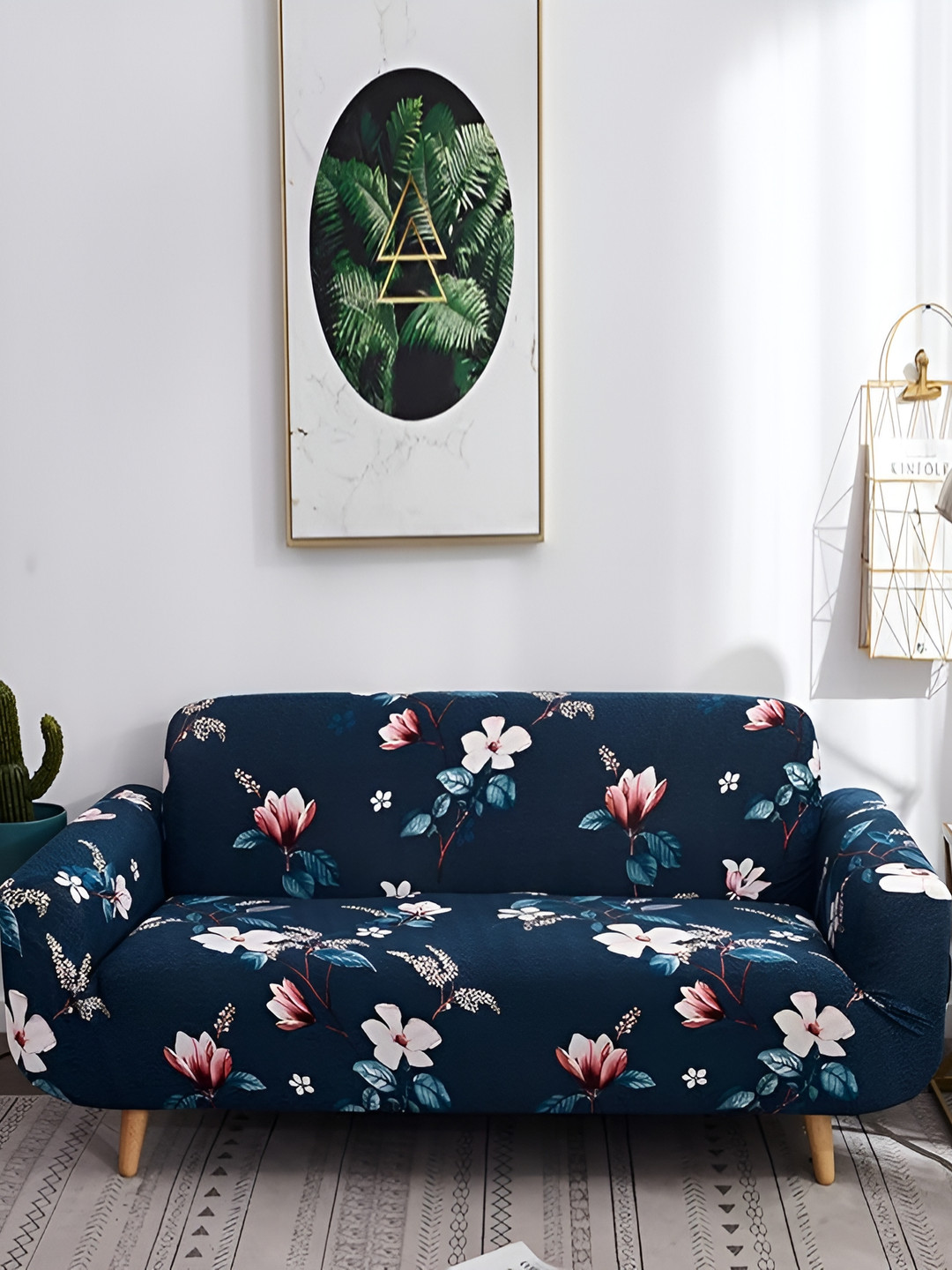 TONY STARK Blue Floral Polyester Washable Straight 3 Seater Sofa Cover-57x73In
