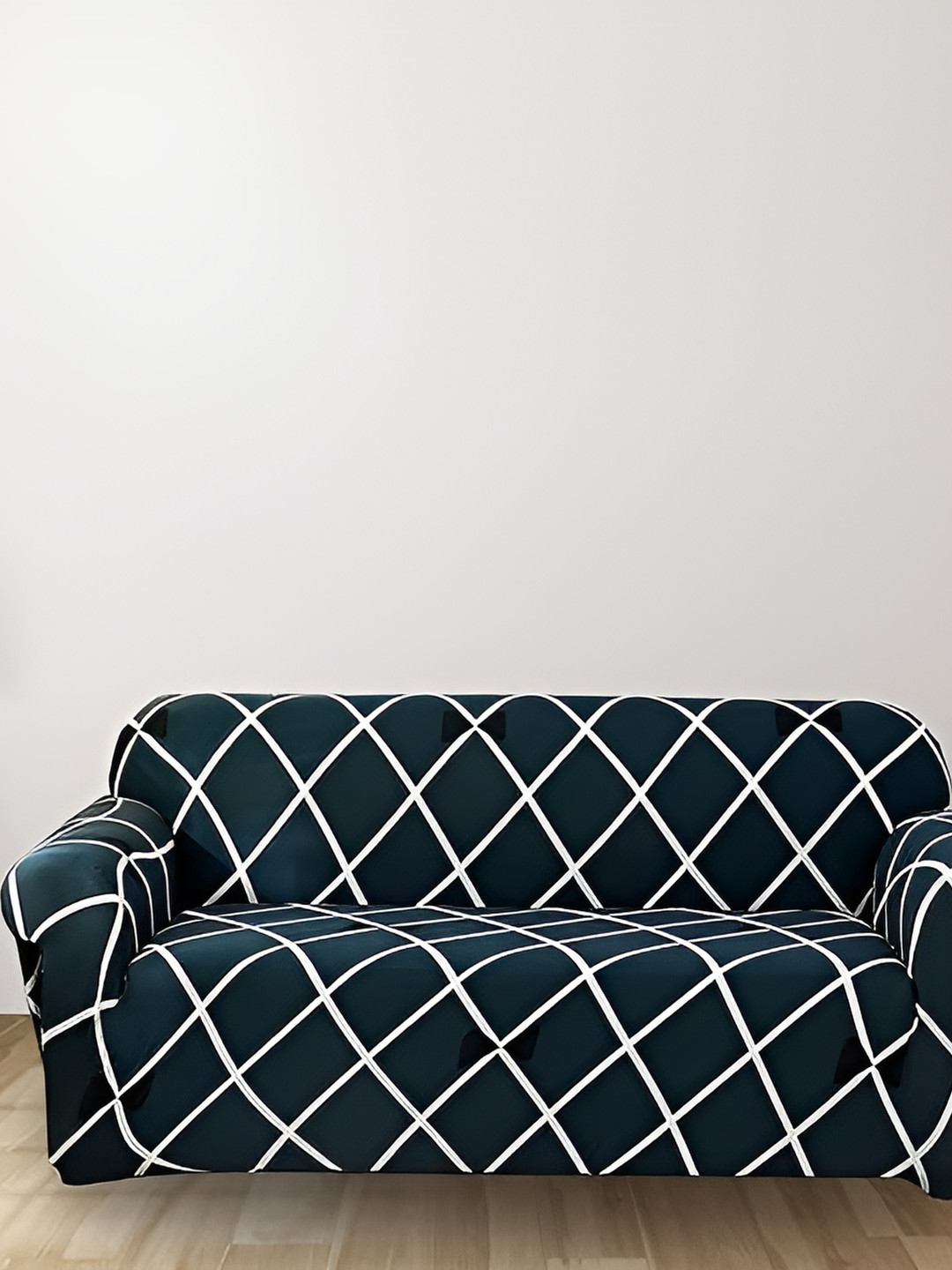TONY STARK Blue & White 3 Seater Geometric Sofa Cover With Arms