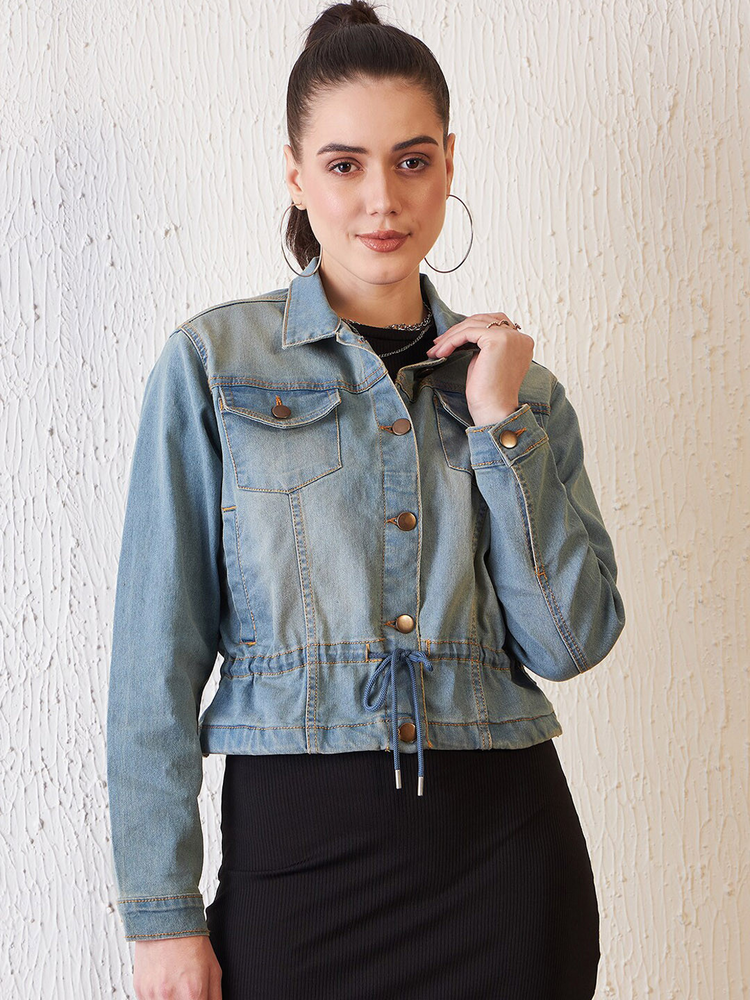Antheaa Blue Washed Spread Collar Denim Jacket