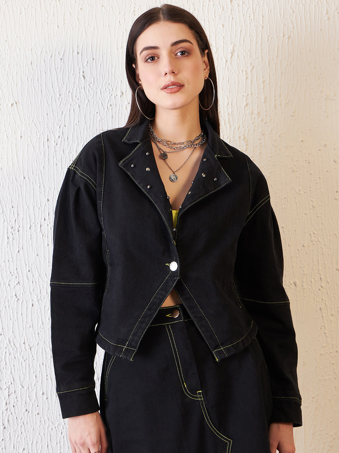 Antheaa Black Embellished Lapel Collar Baggy Fit Denim Jacket