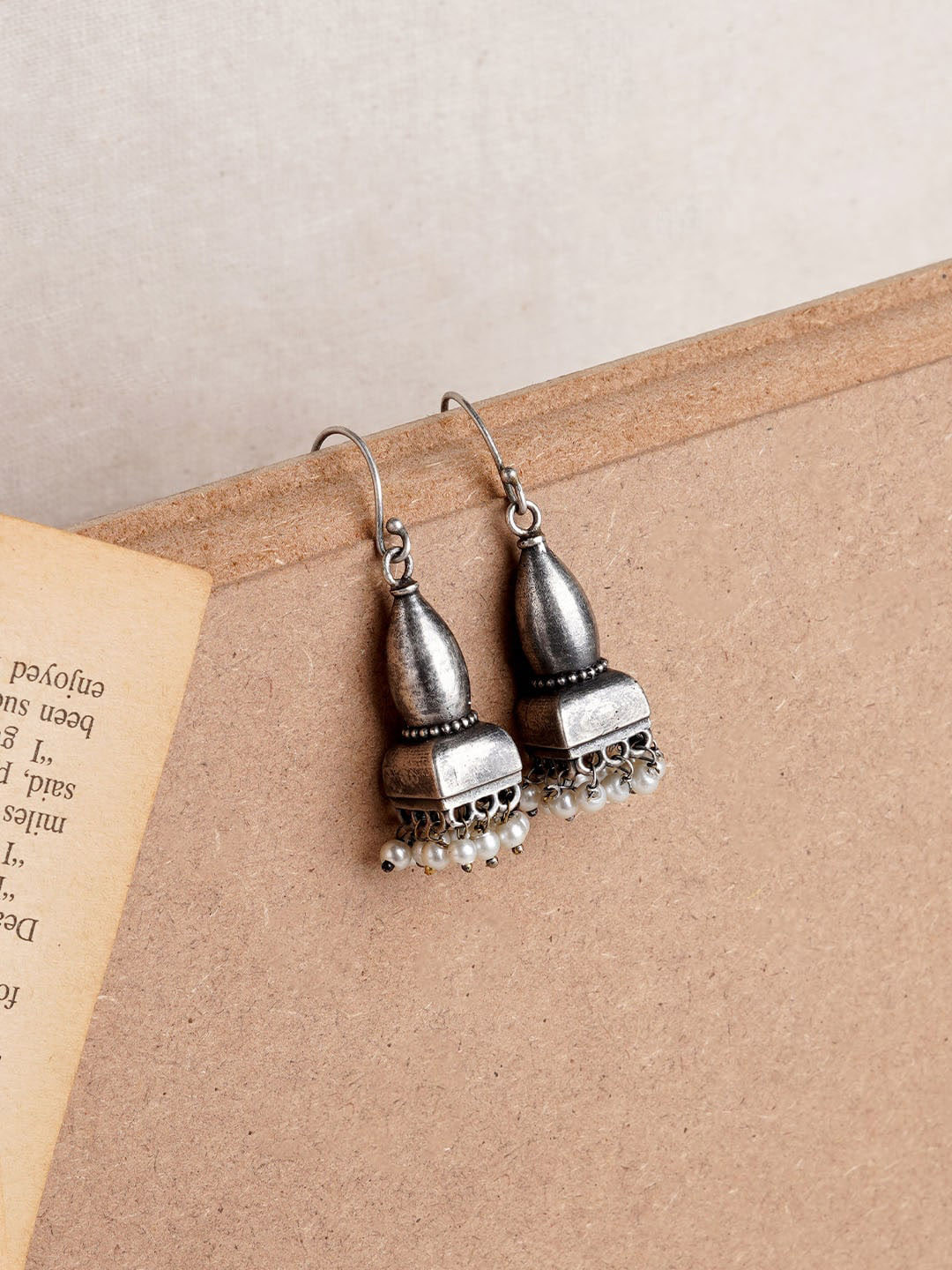 TEEJH Silver-Plated Beaded Oxidised Jhumkas Drop Earrings