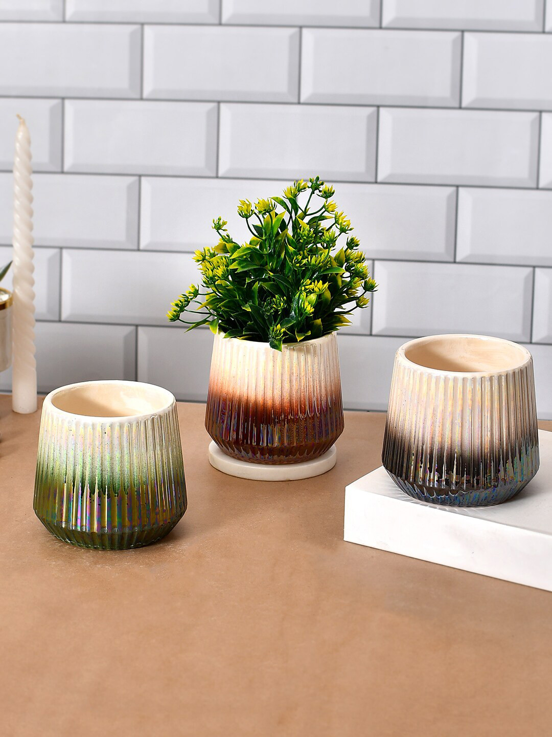 TAYHAA Beige & Green 3 Pieces Ombre Textured Ceramic Planters