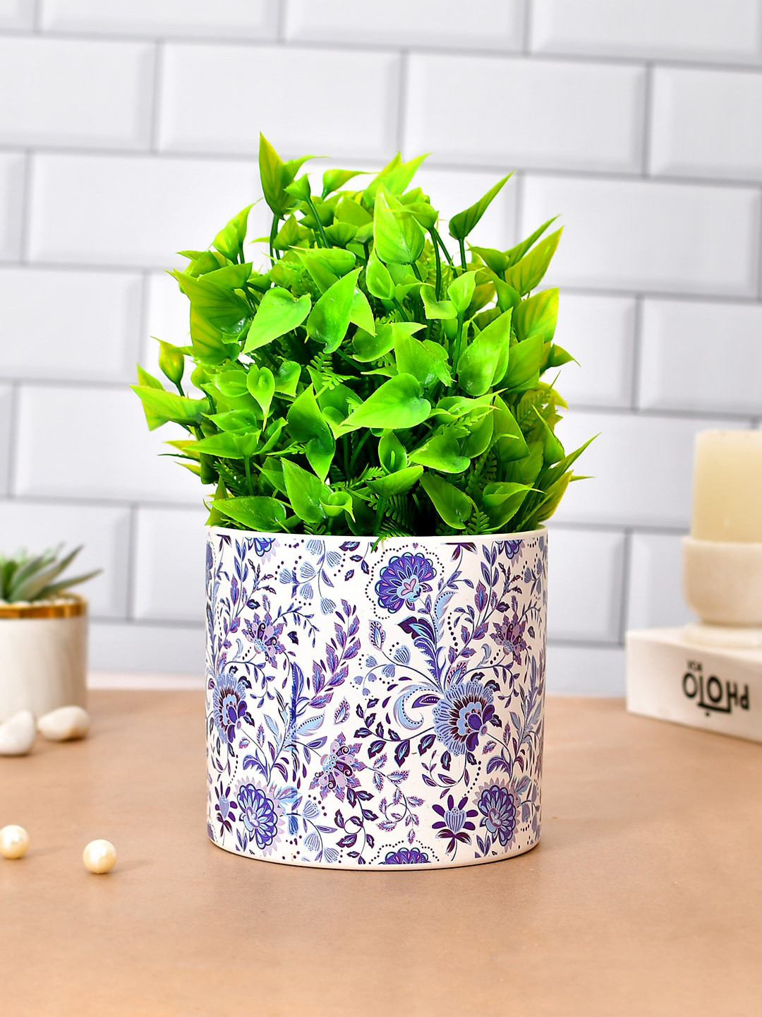 TAYHAA White & Blue Floral Printed Ceramic Planter