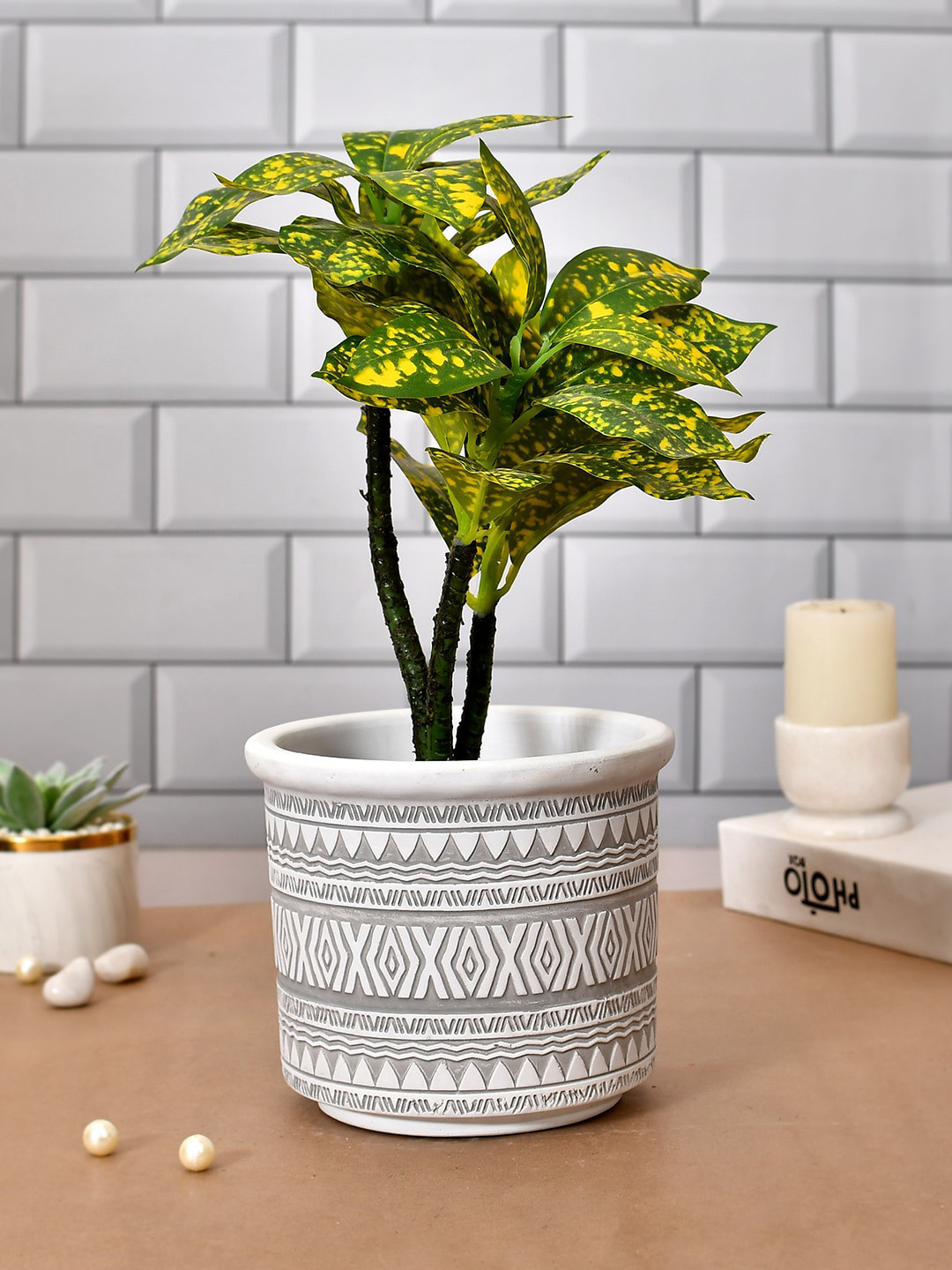 TAYHAA Blossom White & Grey Textured Ceramic Planter